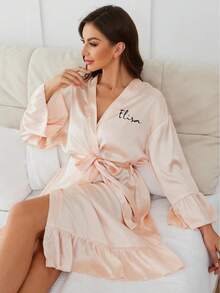 1pc Personalized Bathrobe For Women Sexy Satin Kimono Short Dress 3/4 Nightgown For Bride,Bathrobe Kimono Robe For Women Silky Bridesmaid Robe Set Wedding Robe Sleepwear Bride Robe V Neck,Wedding,Wedding Accessories,Bridesmaid Gifts. - Multicolor - View 5
