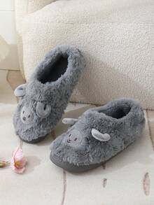 Pantuflas cerradas de invierno para mujer, lindas pantuflas interiores de cordero de peluche de dibujos animados, pantuflas de maternidad cálidas de felpa - Gris - Ver 5