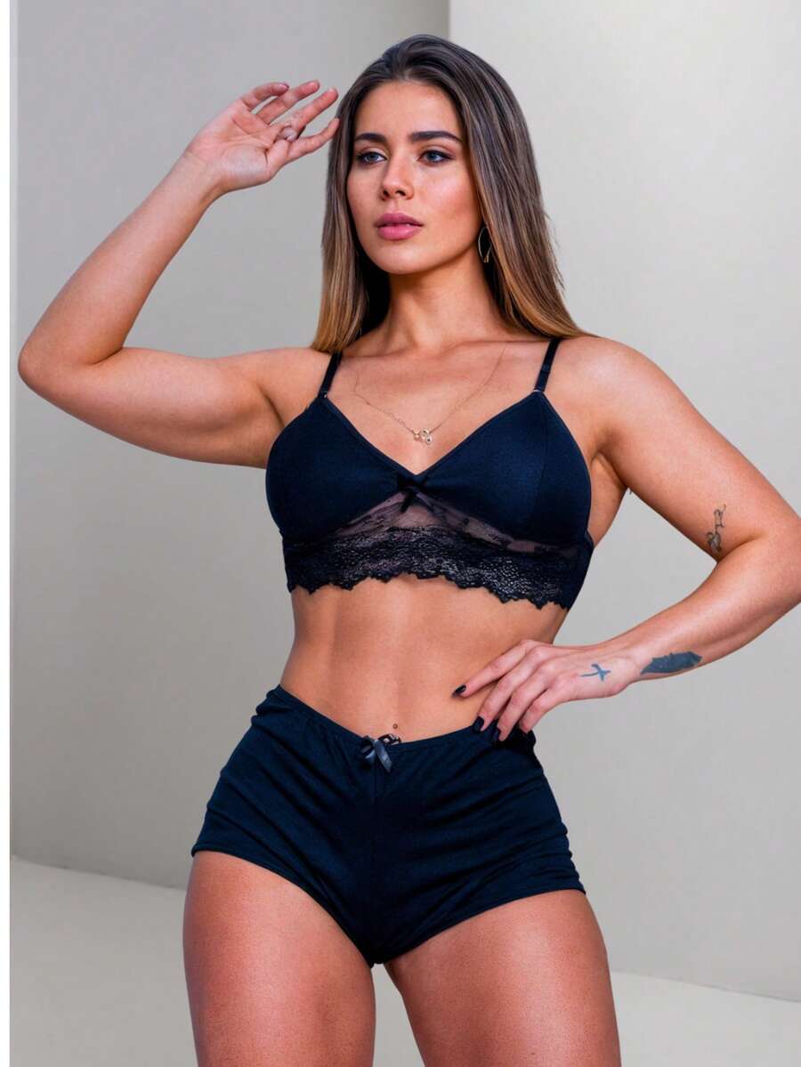 Kit Short Doll Lara Liso Suede sem Bojo com Regulagem nas Alças Pijama   Simples    Luxuoso  Romântico    Sem Mangas - Preto - Visão 1