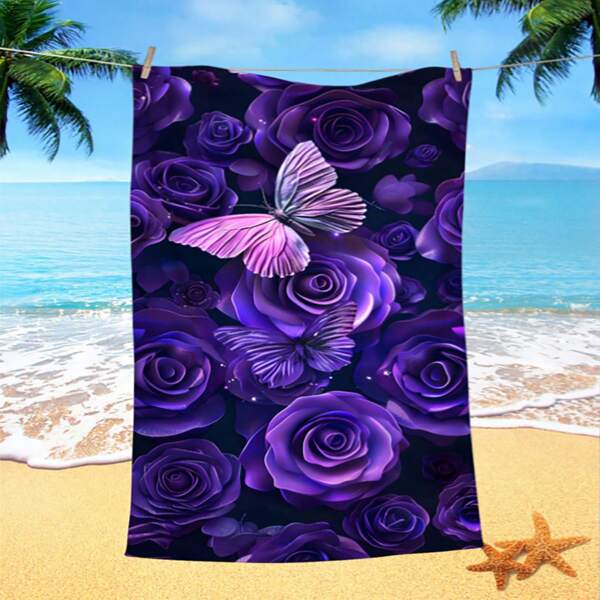 1pc Floral Butterfly Print Beach Towel, Microfiber Quick-Dry Absorbent Towel Suitable For Swimming, Vacation, Travel, Outdoor Camping Beach Essentials