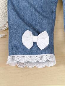 3件套女婴休闲时尚白色双层荷叶袖连衣裙，白色蕾丝边蝴蝶结装饰口袋裤，蓝色长裤套装配斜挎包，公主写真服装，2025秋冬新款 - 白色 - 查看 5