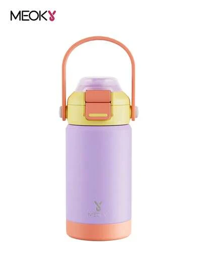 14 盎司带吸管水瓶 - 儿童不锈钢真空保温水瓶，带弹出式吸管和喷嘴，二合一盖子，适合运动、旅行和上学