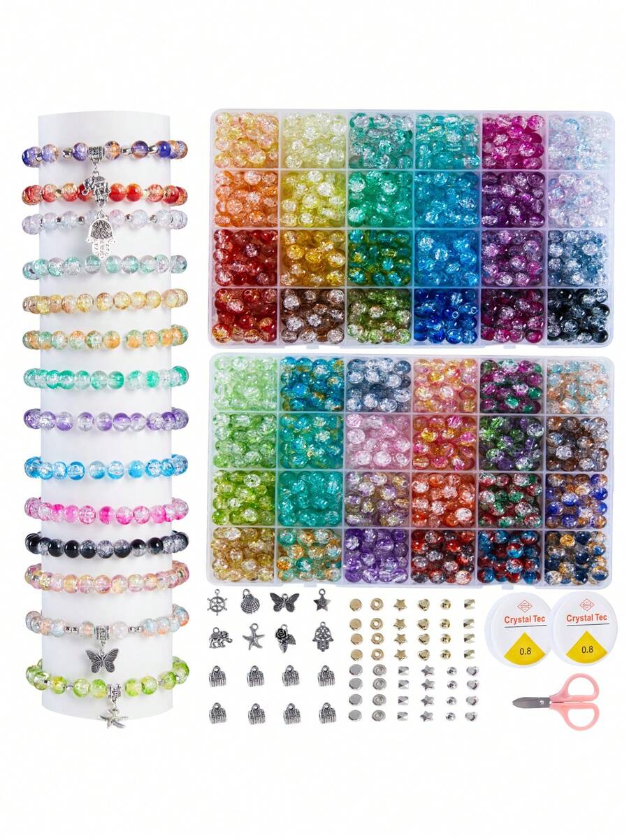 1300pcs 8mm Mixed Cracked Glass Beads For Bracelet Making With Accessories, 48 Colors Crystal Glass Bead Jewelry Kit, Round Beads For DIY Bracelet Crafts - 彩色 - 查看 1