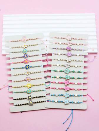 12 件/套 女士多色水晶串珠五瓣花图案编织手链