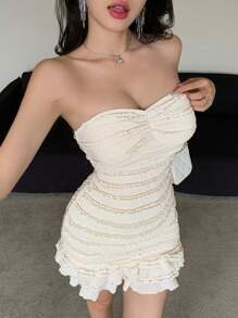 abyoxi Summer Women's White Elegant Strapless Ruched Ruffle Hem Mini Dress Sexy Waist Slim Romantic Date Short Dress Evening Dinner Party Gowns Dresses