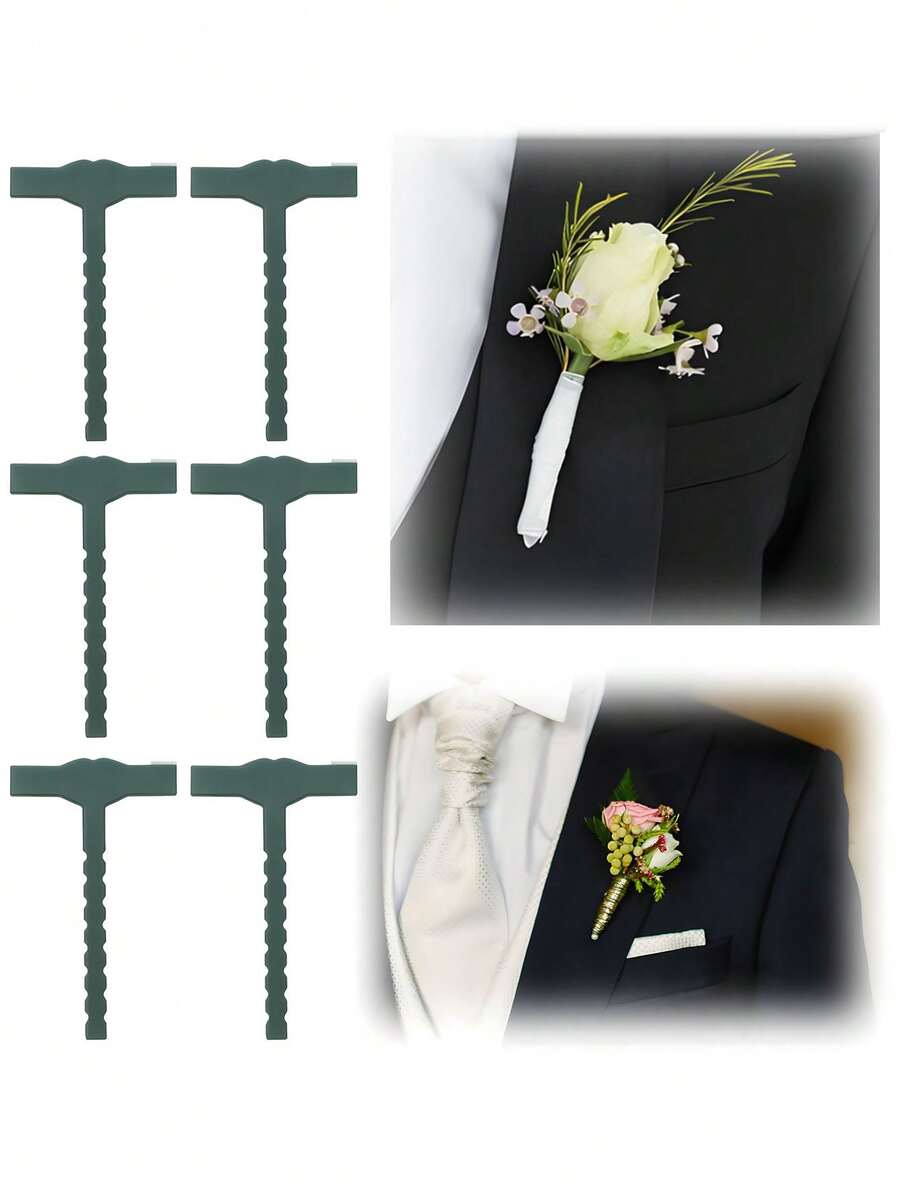 6Pcs Brooch For Groom Bridal Wedding, DIY Corsage Pins, Wedding Buttonhole Flowers Pin, High-End Bouquet Holder, Wedding Corsage Making Material T-Shaped Chest Buckle, Holder, Valentine's Day Flower Bundle Stand, Wedding Supplies - Multicolor - View 1