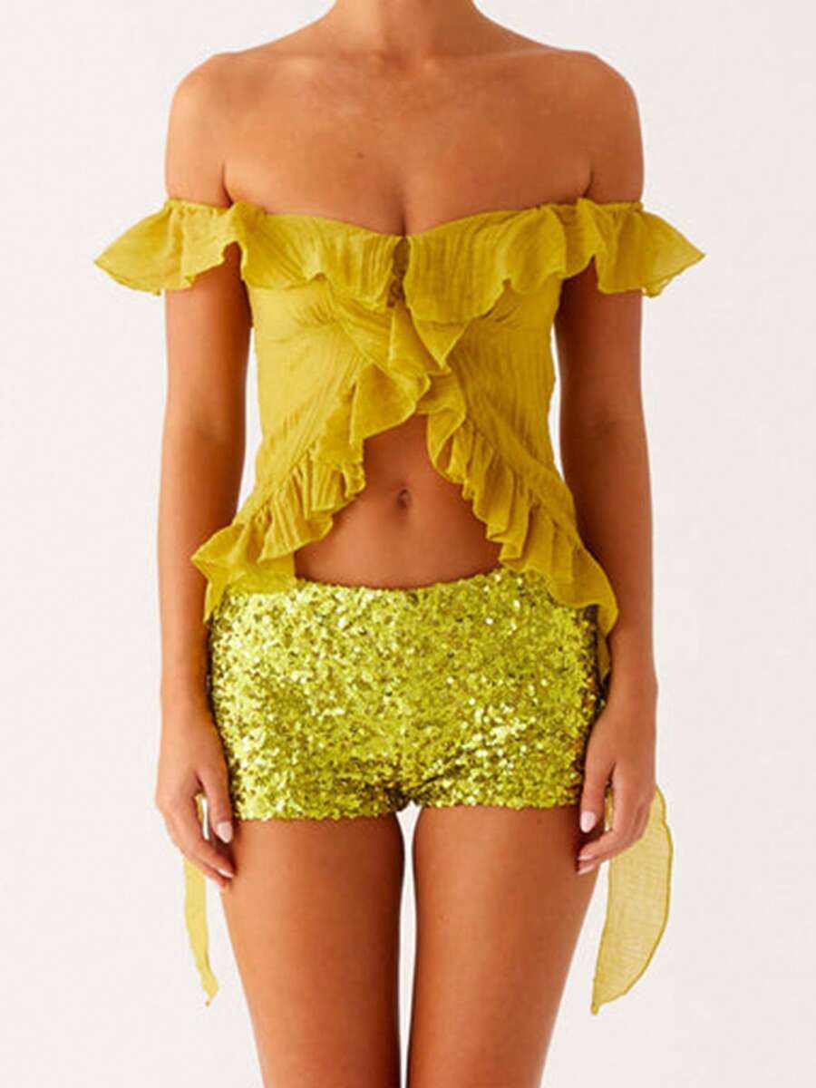 Women Off Shoulder Tops Ruffle Trim Solid Color Backless Showing Navel Shirts Summer Streetwear - Olive Green - View 1