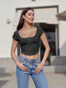 Women's Button Up Crop Top Ribbed Scoop Neck Cap Sleeve Shirt Slim Fit Summer Blouse For Casual Streetwear - 黑色 - 查看 6
