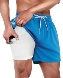 Mens Swim Trunks With Compression Lined Short Bathing Suits For Men 5 Inch Inseam Liner Men's Swimming Trunk - Blue - View 1