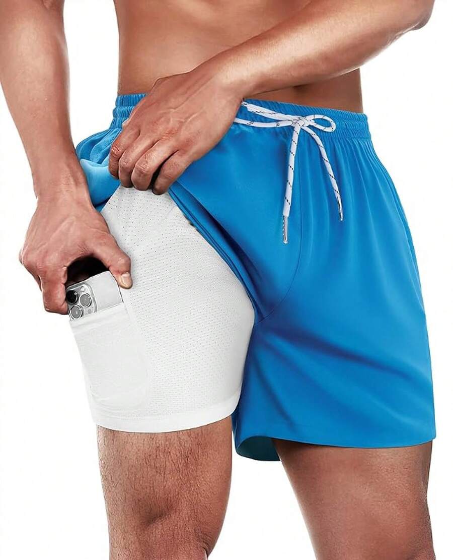 Mens Swim Trunks With Compression Lined Short Bathing Suits For Men 5 Inch Inseam Liner Men's Swimming Trunk - Blue - View 1