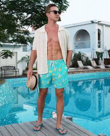 Mens Swim Trunks With Compression Lined Short Bathing Suits For Men 5 Inch Inseam Liner Men's Swimming Trunk - Green Tropical - View 5