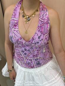 Sequin Sparkle Halter Crop Tops For Women Sleeveless Open Back Bead Tank Tops V Neck Slim Fit Vest Vintage Casual Going Out Tops Streetwear - 紫色 - 查看 5