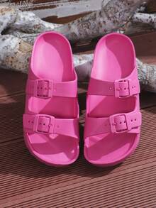 New Fashion Thick Bottom Elevated Sandals For Women, Versatile EVA Lightweight Comfortable Soft Durable Double Adjustable Strap Sandals For Home, Party, Beach, Work, Shock-Absorbing - Hot Pink - View 4