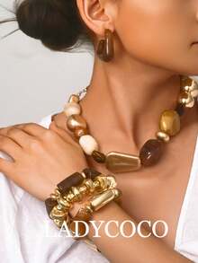 LADYCOCO 6pcs Set Retro Bohemian Exaggerated Resin Beaded Necklace & Bracelet, Suitable For Women - Earrings/Necklace/Bracelet Set - View 2