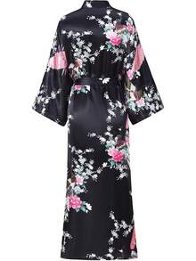 Women's Floral Long Satin Robes Plus Size Long Silk Robes Peacock Floral Kimonos Sleepwear Dressing Gown - 孔雀 | 黑色 - 查看 7