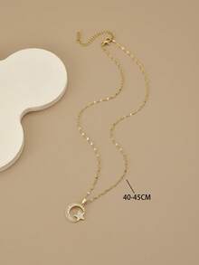 1pc Fully Rhinestoned Sparkling Stars & Moon Glamorous Stainless Steel Necklace For Women - Yellow Gold - View 3