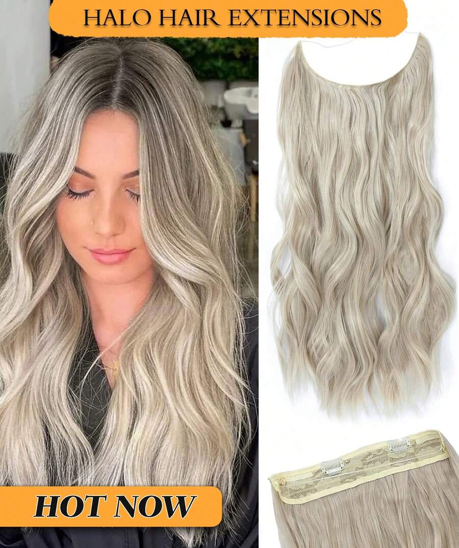 16" 20" Halo Hair Extensions Invisible Wire Hair Extensions With 2 Clips Synthetic Wavy Hairpiece Adjustable Transparent Headband For Women - Ash Blonde - 查看 1