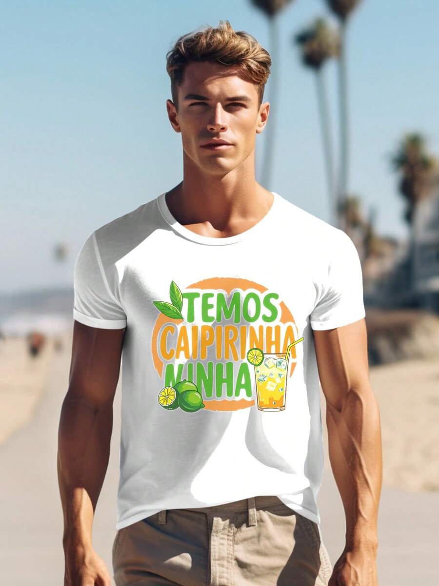 Temos Caipirinha Minha T-Shirt - 220g Cotton Tee For Cocktail Lovers - Brazilian Drink Design - Summer Vibes Shirt - Lime Cachaça Graphic Tee - Soft Comfortable Fit - Unique Gift Idea - Casual Wear Top 0001 - White - View 1