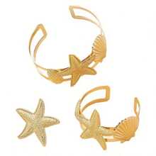 3 Peças Conjunto de Pulseira, Bracelete e Anel de Estilo Oceânico da Moda com Estrela do Mar e Concha, Presente para Mulheres, Adequado para Férias e Uso Diário