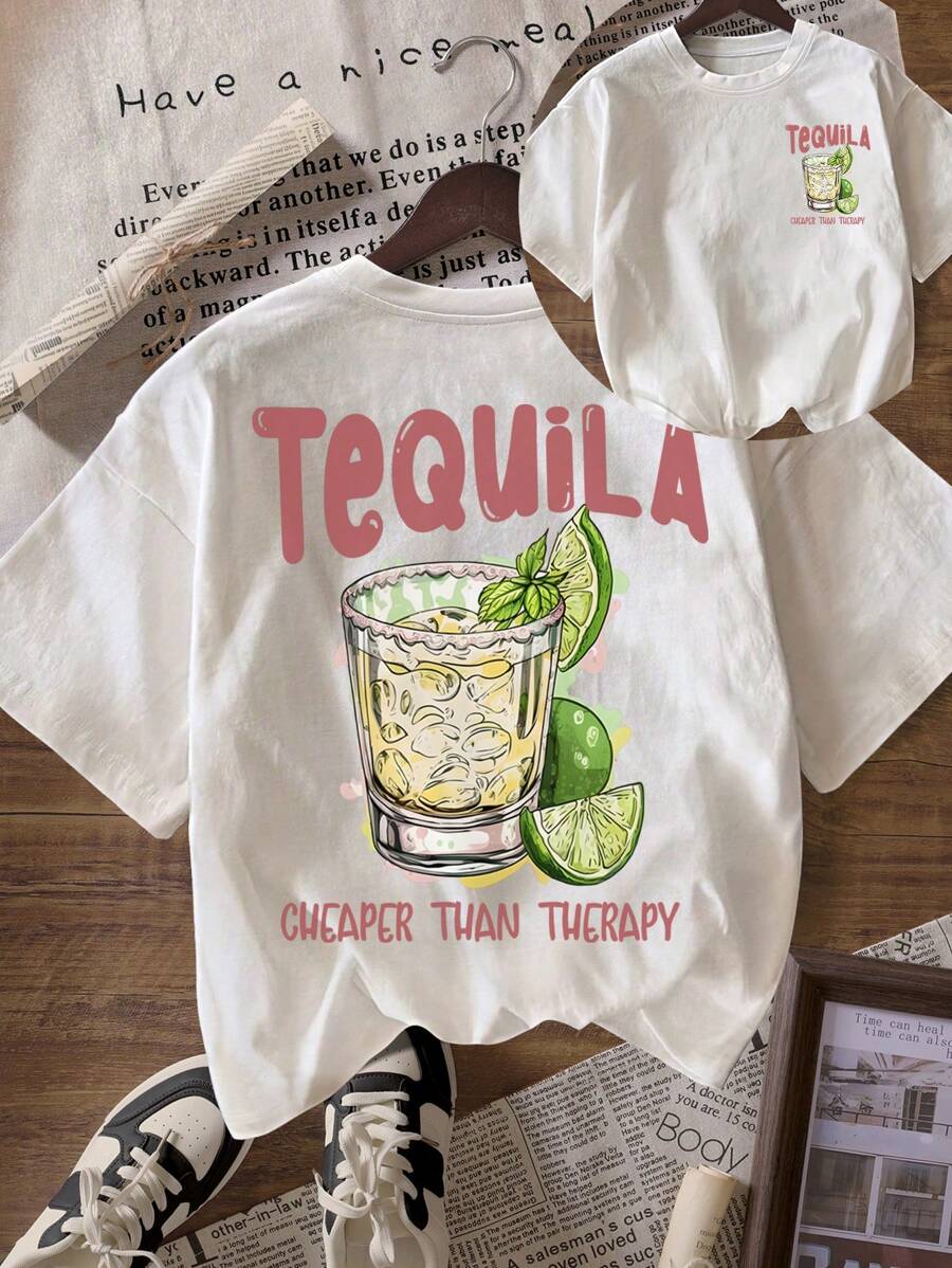 TEQUILA Cocktail Summer Club T-Shirt Women Casual Round Neck Short Sleeve T-Shirt - White - View 1