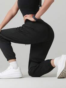 3 piezas Pantalones casuales de mujer de unicolor con cordón y bolsillo, versátiles para uso diario, senderismo, correr, ciclismo, trekking, primavera deportiva en color negro - Negro - Ver 9
