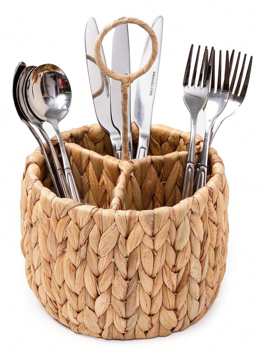 Wicker Cutlery Organizer, Cutlery Holder For The Kitchen Countertop, Cutlery Organizer, Natural Woven Cutlery Organizer With 3 Compartments, Cookware Organizer - 棕色 - 查看 1