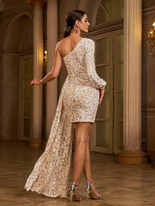 Missord Vestido formal de noche elegante con manga larga para eventos como graduación, cena o boda, con cuello asimétrico, detalles drapeados y fruncidos, estampado integral