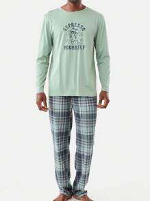 2pcs Men Sleepwear Set, Cartoon Letter Printed Long Sleeve Top And Plaid Printed Bottoms, Casual And Comfortable Loungewear Suit For Spring And Autumn