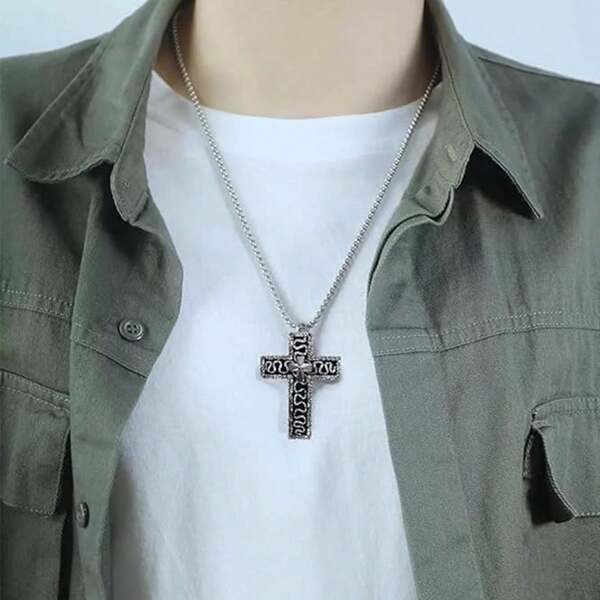 Necklace Game, Cross-Shaped Necklace With Secret Compartment, Antique Cross Pendant Necklace, Character Ten Shaped Pendant Necklace 3D Printed Design Charm Neck Handmade Jewelry Fashion Accessories