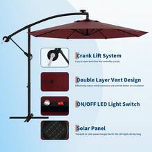 10ft Solar Lights Patio Umbrealla, Outdoor Offset Cantilever Umbrella, Easy Lift & Tilt Adjustment, 8 Ribs Sun Umbrella UV Protection For Market Garden Deck Backyard Pool - 酒紅色 - 查看 3