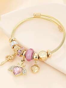 SHEIN MOD 1pc Women Stainless Steel Handmade Green Heart-Shaped Beaded Adjustable Bracelet, Suitable For Daily Wear - Pink - View 8