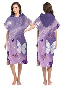 1pc Butterfly Print Purple Metallic Poncho - Ultra-Soft Microfiber Hooded Butterfly Pattern, Suitable For Boys, Girls, Couples - Beach & Home Decor, Couples Cloak | Microfiber Robe Back To School - Multicolor - View 5