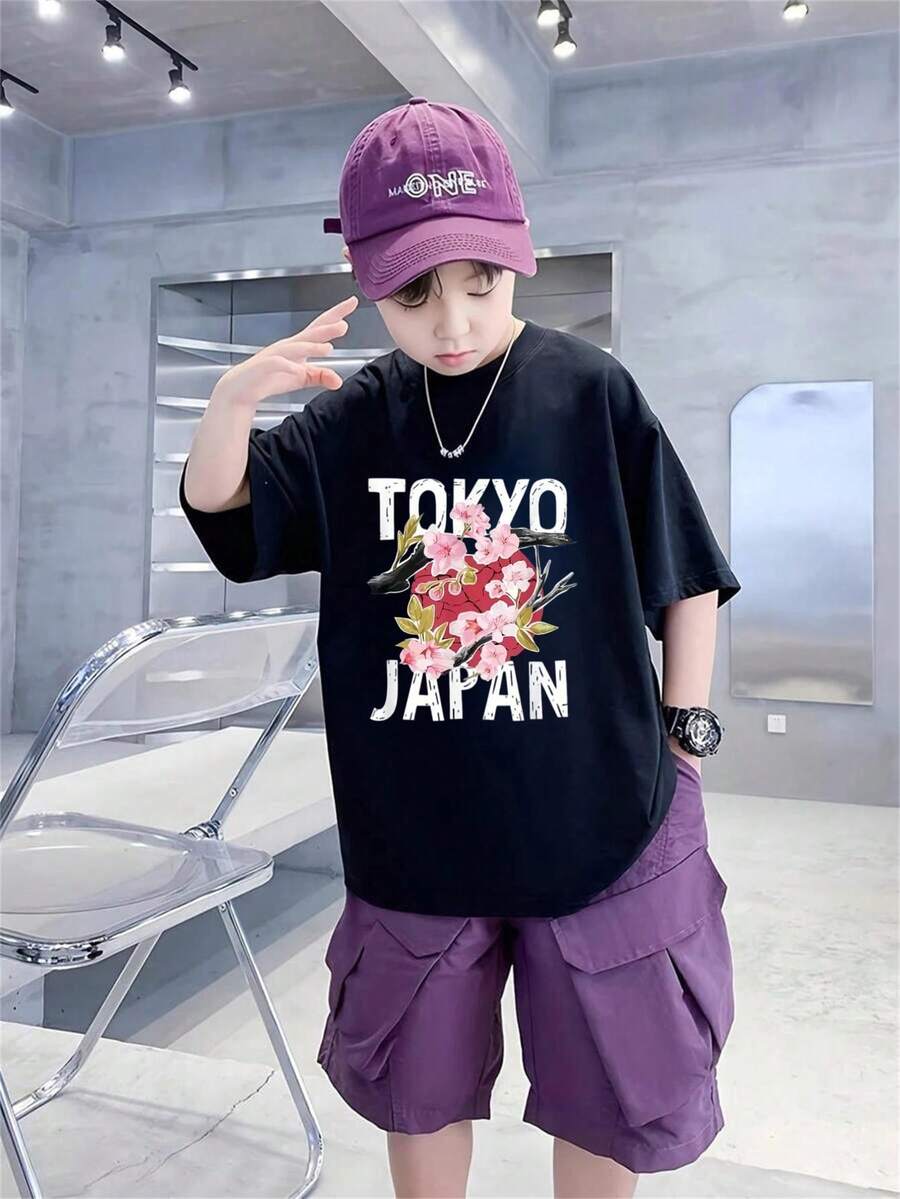 Boys And Girls Pure Cotton Casual Printed Crew Neck Cover Short Sleeve T-Shirt Summer Student Youth Children's Clothing Is Suitable For Casual Wear And Breathable Summer Outerwear - 黑色 - 查看 1