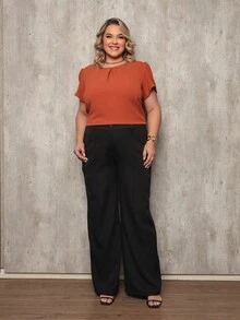ONLYONE - PLUS SIZE WOMEN'S BLOUSE, SHORT SLEEVE, PRINCESS, PLEATED NECKLINE, LIGHT DUNES - ELEGANT WOMEN'S BLOUSES, LARGE - 棕色 - 查看 6