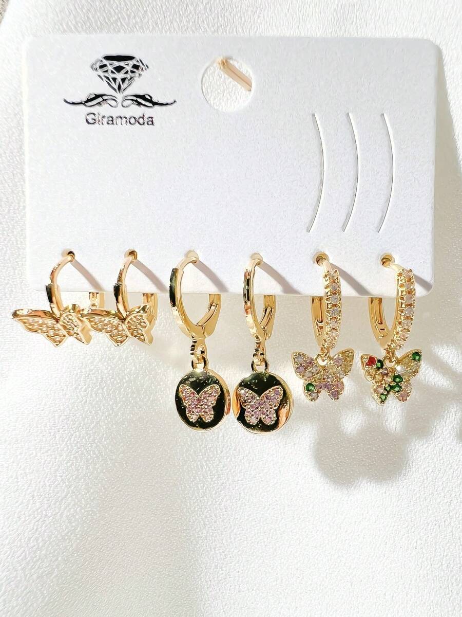 Kit Of 3 Earrings Studded With Zirconia Stone, Small Hoop, Heart Pendant, 18k Gold Plated And 925 Silver - 52 - 查看 1