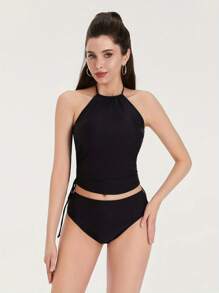 Charming Women Bikini Set, Neck Hanger Sleeveless Backless Crop Tops Solid Color Panties For Summer, Women Clothing