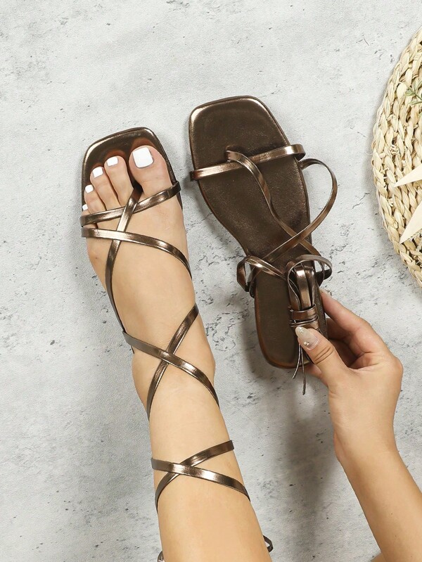 2025 New Women's Coffee Square Toe Flip Flops With Strap Up Design, Flat Sandals For Summer