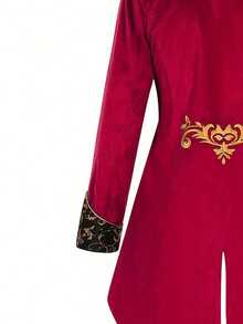 欧美男士蒸汽朋克中世纪刺绣燕尾服夹克，万圣节舞台表演服装 - 酒紅色 - 查看 5