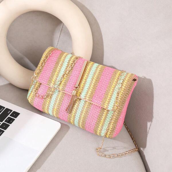 1pc 2025 New Rainbow Fashionable Buckle Straw One Shoulder Crossbody Square Bag, Suitable For Ladies Vacation/Travel, Daily Use, Dates, Shopping, Gifts
