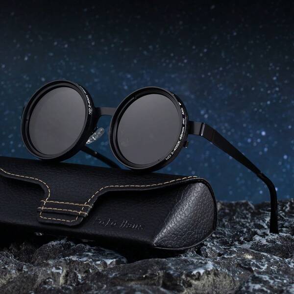 1pc ND Adjustable Dimming Sunglasses, Zoom Round Frame UV Protection, Men Vintage, Casual Street Style, Elegant, High-End, Polarized Sunglasses For Men, Outdoor Hiking, Daily Wear