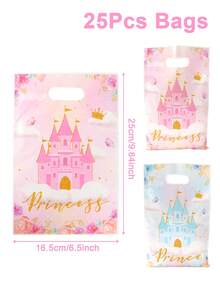 10/25/50 piezas Bolsas de regalo con diseño de castillo de princesa, bolsas de agradecimiento, pequeñas bolsas de embalaje de regalo, decoraciones para fiesta de cumpleaños de princesa, baby shower, revelación de género, accesorios para fiesta de cumpleaños de princesa, bolsas de regalo de plástico con diseño de corona dorada de castillo rosa y azul para fiestas de cumpleaños, regalos y decoración - Castillo azul pálido - Ver 4