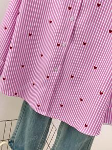 Women's Heart Print Polo Collar Striped Shirt - Casual Button-Up Long Sleeve Vacation Top For Spring Summer Fall Everyday Outfits