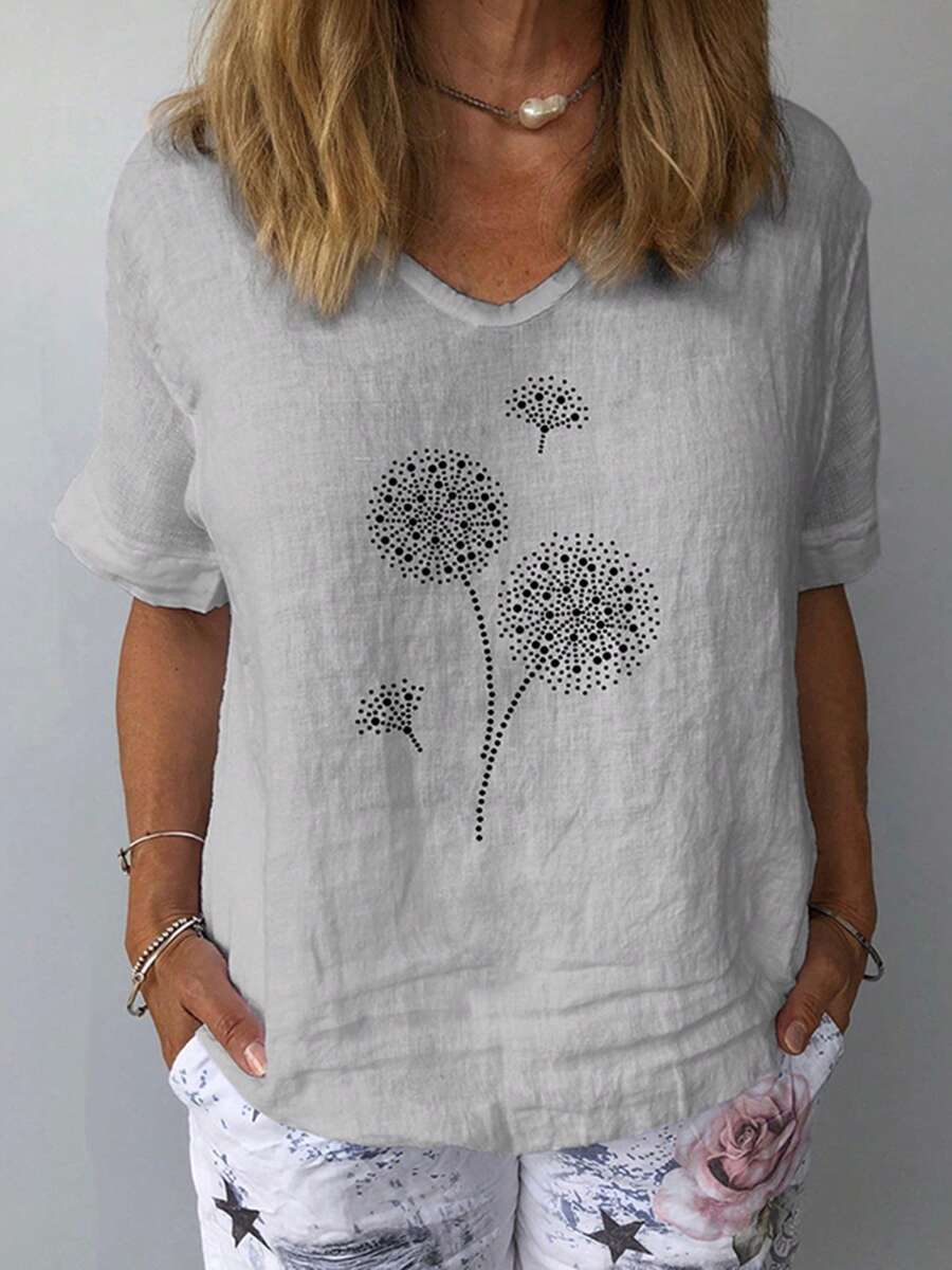 Womens Vintage Flowers V Neck Shirt Boho Floral Wildflowers Graphic Tee Casual Cottagecore Short Sleeve Cotton Linen T Shirt - 灰色 - 查看 1