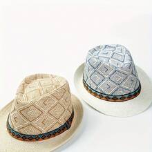 1pc Men's British Retro Jazz Hat - Lightweight Straw Fedora With Black Ribbon Band, Stylish Striped Pattern (Beige/Brown/White), Perfect For Daily Wear, Parties & Sporting Events - Ideal Gift For Men, Evening Headpiece, Woven Fabric Construction - Navy Blue - View 3