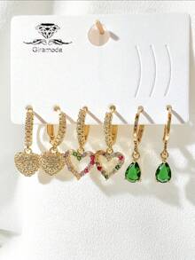 Kit Of 3 Earrings Studded With Zirconia Stone, Small Hoop, Heart Pendant, 18k Gold Plated And 925 Silver - 42 - 查看 1