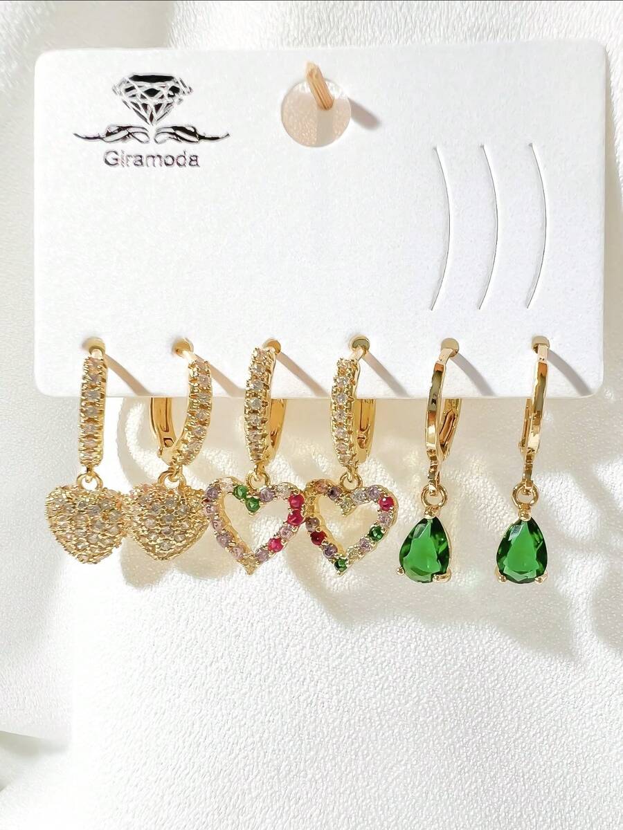 Kit Of 3 Earrings Studded With Zirconia Stone, Small Hoop, Heart Pendant, 18k Gold Plated And 925 Silver - 42 - View 1