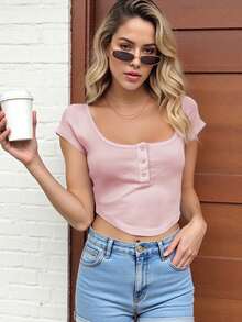 Women's Button Up Crop Top Ribbed Scoop Neck Cap Sleeve Shirt Slim Fit Summer Blouse For Casual Streetwear - 粉色 - 查看 8