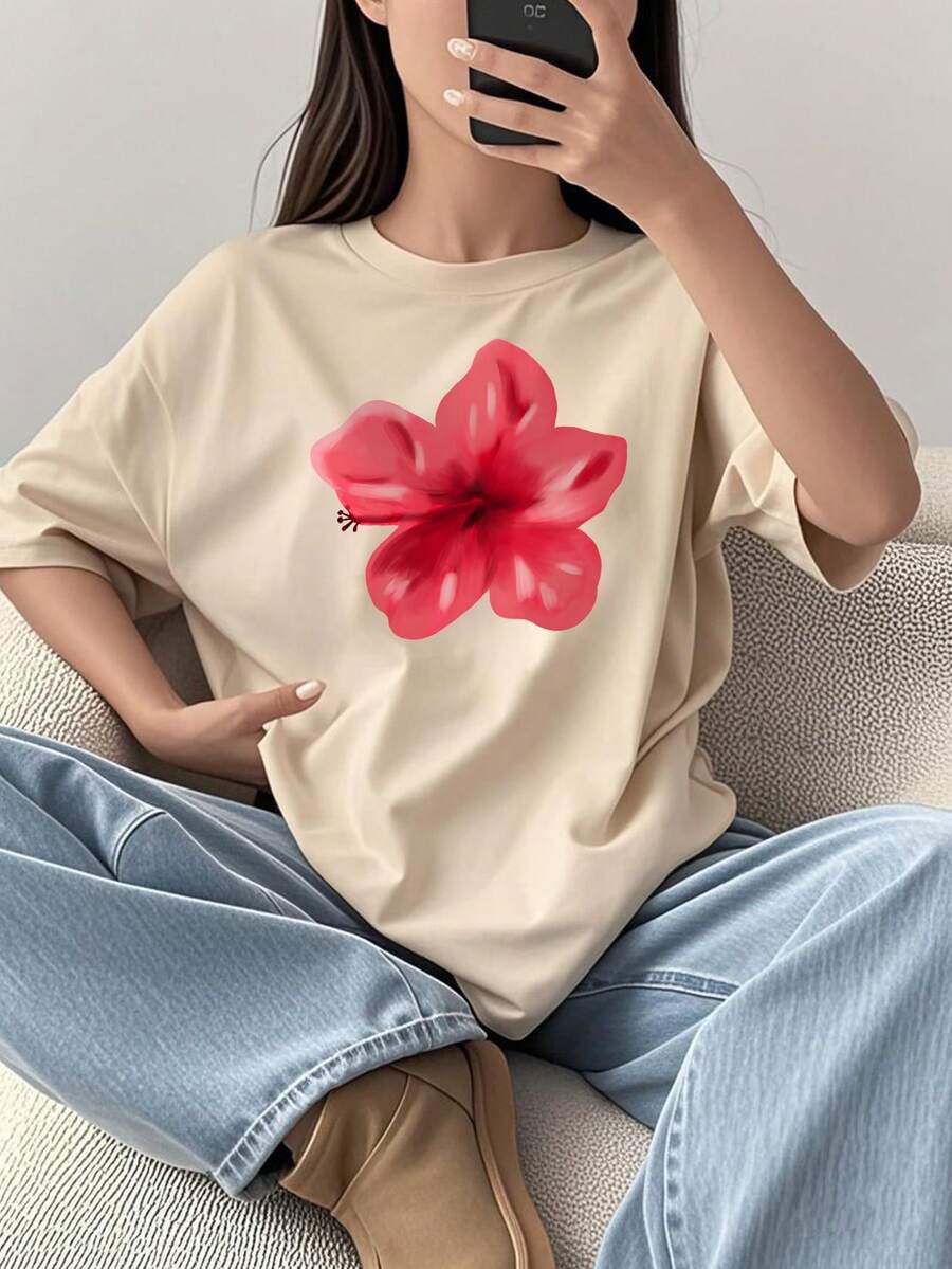 少女学生休闲印花杏色圆领短袖T恤上衣,夏季 - 杏色 - 查看 1
