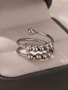 1 pieza Anillo abierto de doble capa con cuentas esféricas de moda para mujer, color dorado, acero inoxidable con diseño geométrico, joyería de fiesta de Hip Hop, regalo