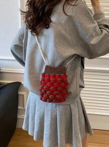 Women's Summer Woven Pearl Handbag, Cute Raspberry Crochet Knit Phone Pouch Crossbody Bag